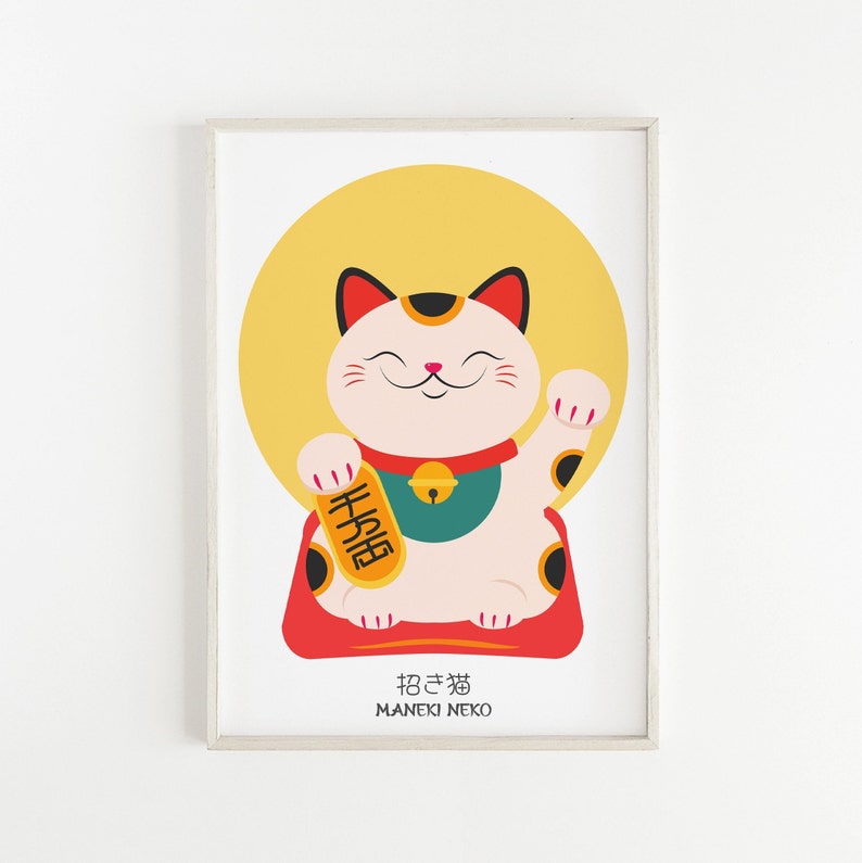 May include: A white and orange Maneki-Neko, or lucky cat, with a raised paw, sitting on a red cushion. The cat is holding a gold coin with the Chinese character for "fortune" written on it. The background is a yellow circle.