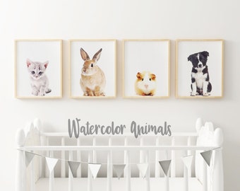 Nursery Animal Prints - Set of 4 - Watercolor Animals - Baby Decor - Printable Wall Art -  Instant Digital Download - Kids Room Decor