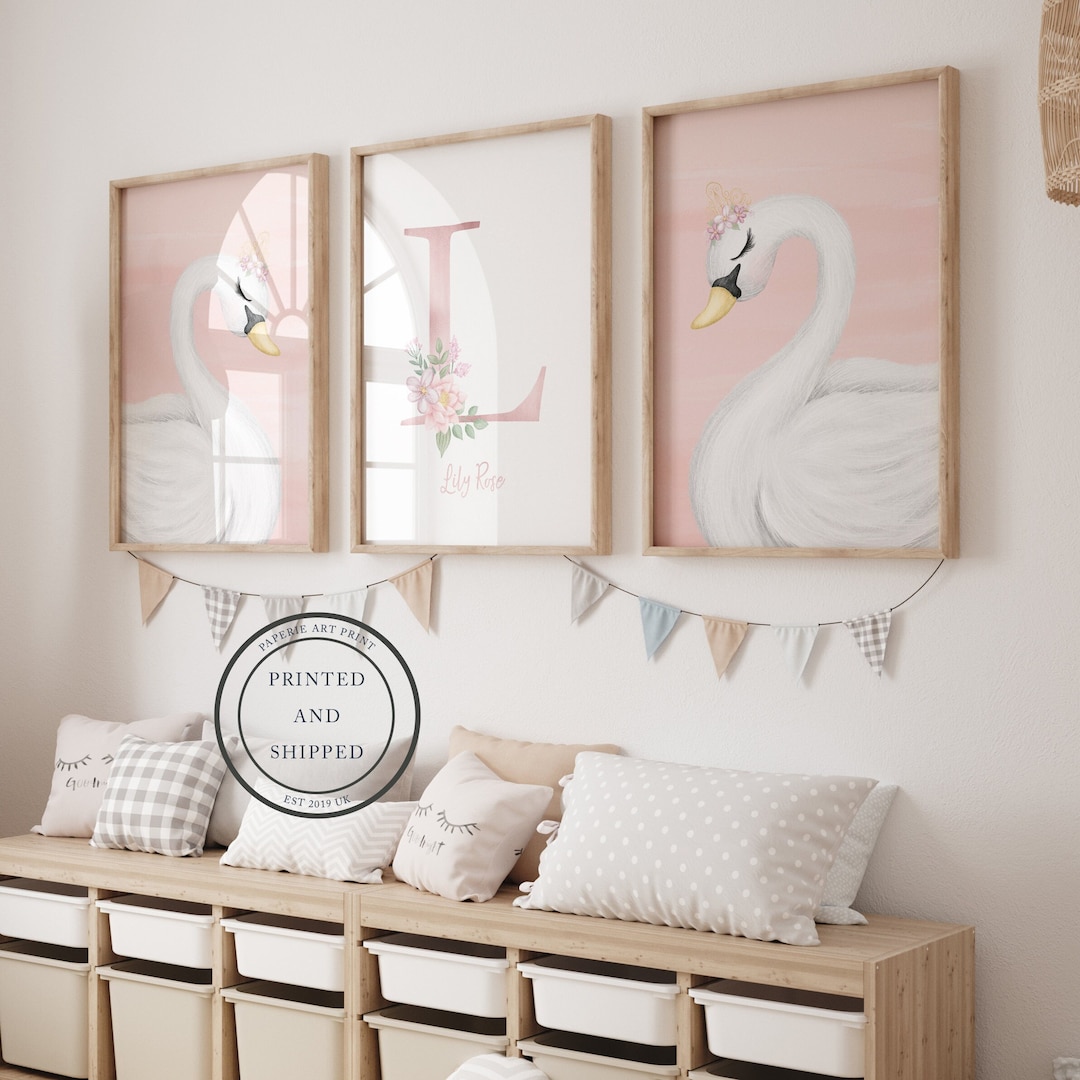 Swan Floral Initial Print | Baby Name Print | Swan Nursery Print ...