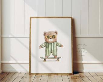 Whimsical Skateboarding Bear Print | Skater Bear Wall Art | Wall Decor | Funny Bear Print | Playful Fun Cool Animal | Digital Download