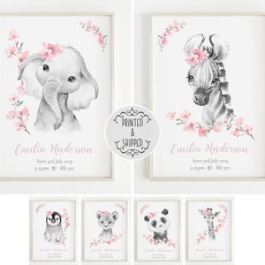 Stampa di nascita / Stampa nome bambino / Safari Animali Nursery Decor / Nursery Wall Art / Baby Decor / Baby Stats / Safari Animals