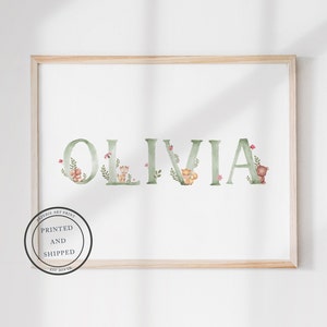 Impresión personalizada del nombre del vivero / Impresión del nombre del bebé / Decoración linda del vivero de animales del bosque / Arte personalizado de la pared del vivero, signo del nombre del animal del bosque