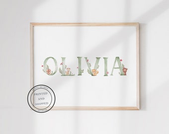 Custom Nursery Name Print | Baby Name Print | Cute Woodland Animals Nursery Decor | Personalised Nursery Wall Art, Woodland Animal Name Sign