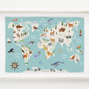 Impresión de mapas del mundo animal - Arte de la pared del mapa - Impresión educativa - Decoración del bebé - Mapa de la guardería imprimible - Descarga digital instantánea - Sala de la guardería