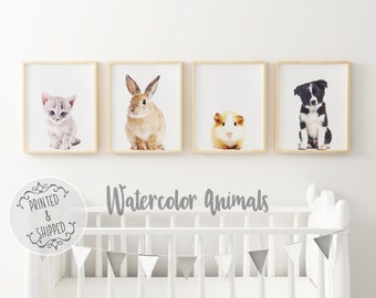 Estampa de animais em aquarela | Arte de parede de animais bebês | Decoração fofa para berçário com animais | Arte de parede para berçário | Estampas de animais para berçário, decoração para bebês, conjunto de 4
