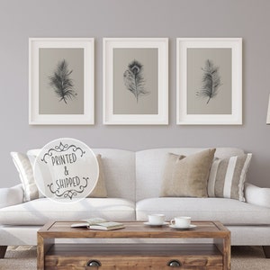 Feather Prints | Set of 3 | Feather Art | Botanical Art | Ostrich Feather |Peacock Feather | Grey Feather | Home Decor | Feather Wall Art