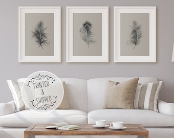 May include: Three framed art prints featuring detailed black feather illustrations on a neutral background. The feathers are displayed in white frames, creating a cohesive set. The artwork is displayed above a white sofa and wooden coffee table.