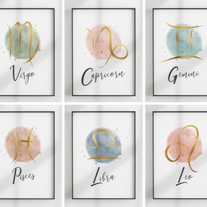 May include: Set of six printable wall art prints featuring zodiac signs in gold on watercolor backgrounds. The signs are Virgo, Capricorn, Gemini, Pisces, Libra, and Leo.