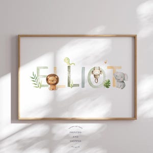 Stampa personalizzata con nome per la cameretta del bambino / Stampa con nome per la cameretta del bambino Safari / Stampa con nome per la cameretta del bambino / Arte murale personalizzata per la cameretta del bambino / Cartello con nome di animale leone elefante