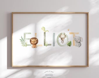 Benutzerdefinierte Kinderzimmer Name Print | Safari Kinderzimmer Poster | Baby Name Druck | Personalisierte Kinderzimmer Wandkunst | Löwe Elefant Tier Namensschild
