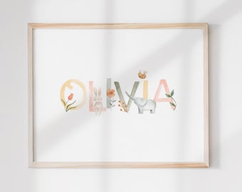 Custom Nursery Name Print | Baby Name Print | Cute Animals Nursery Decor | Personalised Nursery Wall Art | Bunny Elephant Animal Name Sign