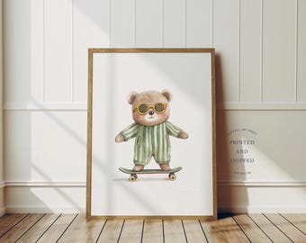 Whimsical Skateboarding Bear Print | Skater Bear Wall Art | Wall Decor | Funny Bear Print | Playful Fun Cool Animal | Home Decor