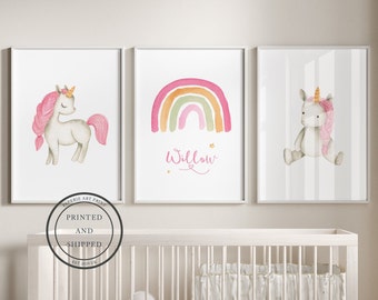 May include: Three watercolour prints featuring a unicorn, a rainbow, and the name "Willow". The unicorn prints are pink and white, and the rainbow print is in shades of pink, orange, and green.