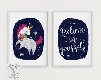 Unicorn Print | Unicorn Art | Believe in yourself Nursery Decor | Nursery wall art | Nursery Unicorn Prints | Kids Decor | 2 Set