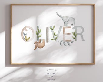 Benutzerdefinierte Kinderzimmer Name Print | Baby Name Druck | Safari Tiere Kinderzimmer Dekor | Personalisierte Kinderzimmer Wandkunst | Safari Tiere Namensschild