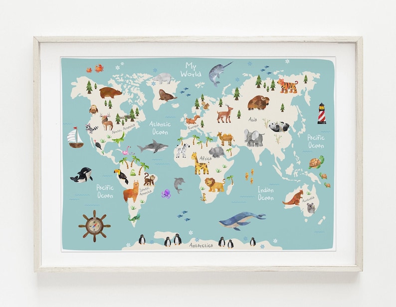 Animal World Map Print Map Wall Art Educational Print Etsy