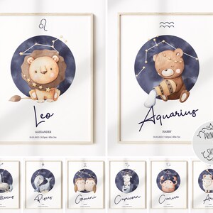 Impresión de signo de estrella de bebé / Impresión de zodiaco para niños / Impresiones de cumpleaños / Impresión de horóscopo / Impresión de astrología / Arte de pared de zodiaco / Arte de pared de signo de estrella