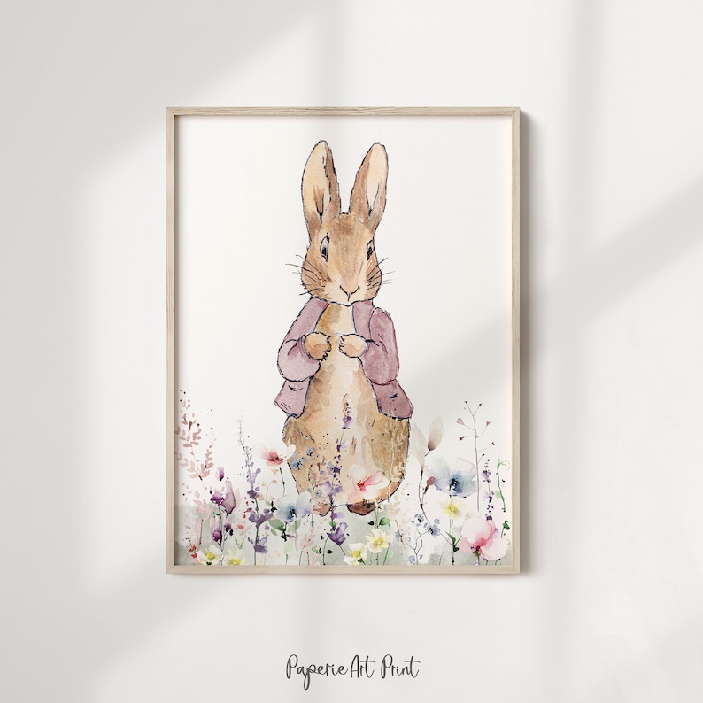 Peter Kanin Barnrumstavlor | Namntryck med bebisen | Barnrumsdekor med Flopsy Kanin | Väggkonst med blommotiv för barnkammaren | Babydekor | Beatrix Potter Set om 3 bild 8