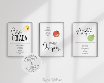 Cocktail Recipe Prints | Kitchen Art | Kitchen Decor | Cocktail Bar Art | Mojito | Margarita | Pina Colada | Pick Any 3 | Set of 3 | A4