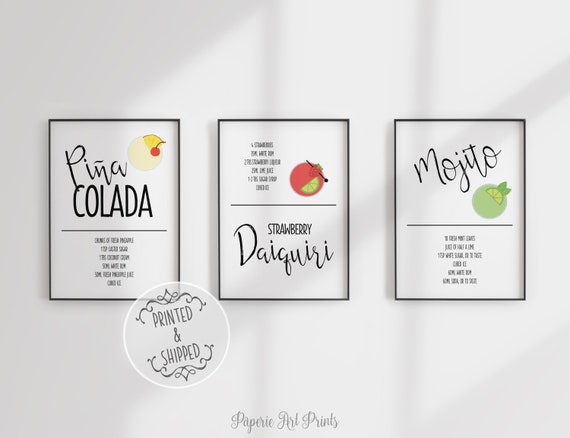 Cocktail Recipe Prints | Kitchen Art | Kitchen Decor | Cocktail Bar Art | Mojito | Margarita | Pina Colada | Pick Any 3 | Set of 3 | A4
