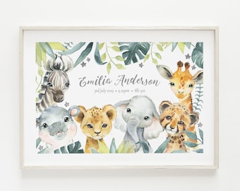 Safari Animals Nursery Print | Baby Name Print | Safari Nursery Decor | Personalised Nursery Wall Art | Zoo Animals Name Sign