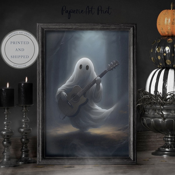 Ghost Playing Guitar | Halloween Art | Cute Ghost Print | Spooky Wall Decor | Autumn Print | Sheeted Ghost Collection | Seasonal Print