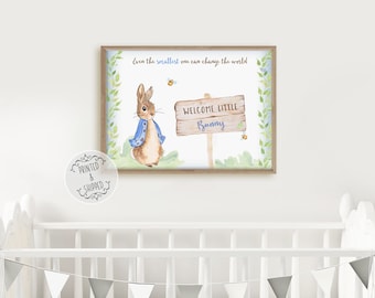 Pieter Konijn-afdruk | Quote muurkunst konijn | Babydecoratie babykamer | Welkom klein konijntje