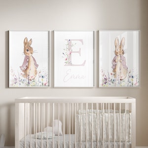 Peter Rabbit Nursery Prints / Impresión del nombre del bebé / Flopsy Rabbit Nursery Decor / Floral Nursery Wall Art / Baby Decor / Beatrix Potter Set de 3