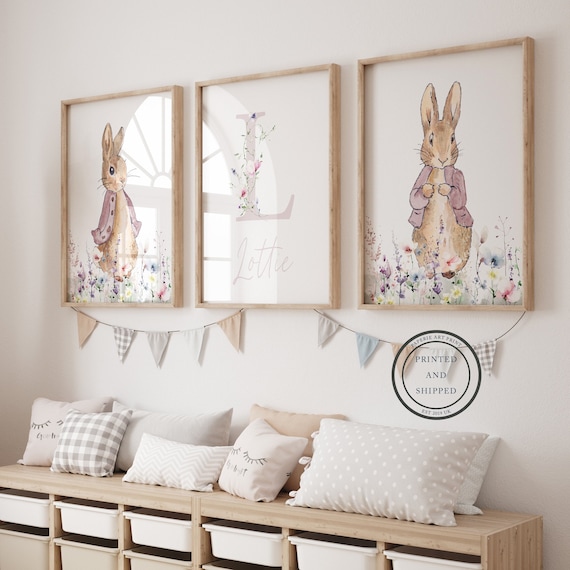 Peter Rabbit Nursery Prints | Baby Name Print | Flopsy Rabbit Nursery Decor | Floral Nursery Wall Art | Baby Decor | Beatrix Potter Set of 3