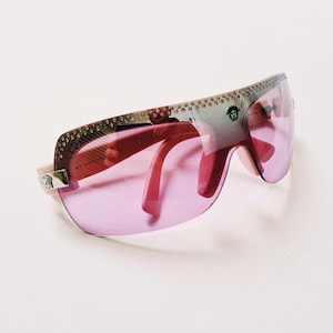 Vintage 2000s Y2K Genuine Pink Tinted Oversized Versace Sunglasses / Rimless Shield Visor Sunglasses