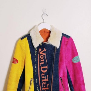 Vintage Y2K 2000s Multicoloured Von Dutch Jacket / Von Dutch Suede Jacket / Von Dutch Denim Jacket / Von Dutch Coat - Ladies size Medium