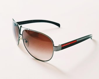 Vintage jaren 2000 Y2K Echte Unisex Bruin Getinte Prada Zonnebrillen / Retro Zonnebrillen / Prada Aviator Sunglases / Aviators
