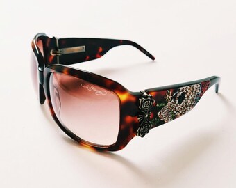 Vintage Y2K Unisex Oversize'owe okulary przeciwsłoneczne Ed Hardy / Okulary Ed Hardy. Szalona czaszka z wytłoczonymi ćwiekami w kształcie róży i diamentów.