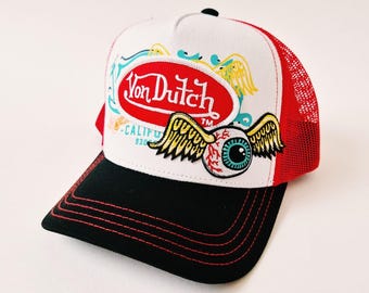 Vintage White, Red, Black Logo Print Von Dutch cap / Von Dutch Cap / Von Dutch Trucker Cap. Deadstock New With Tags