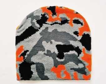 Brand New Y2K Camouflage Grey Orange Black Camo Print Beanie Hat