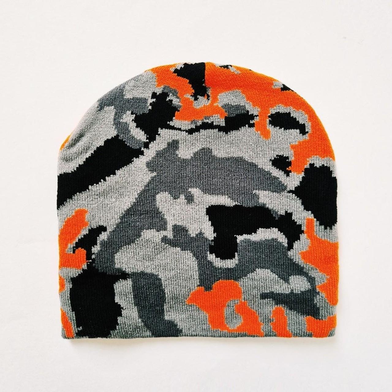 Brand New Y2K Camouflage Grey Orange Black Camo Print Beanie Hat