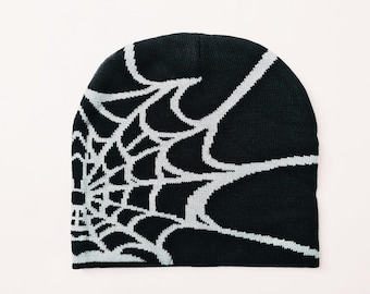 Vintage Brand New Y2K Black & Grey Spider Spiderweb Beanie Hat / Hat / Winter Hat / Skully / Unisex. Y2K hip hop punk skater skull cap