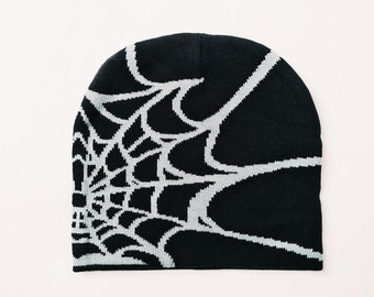 Vintage Brand New Y2K Black & Grey Spider Spiderweb Beanie Hat / Hat / Winter Hat / Skully / Unisex. Y2K hip hop punk skater skull cap