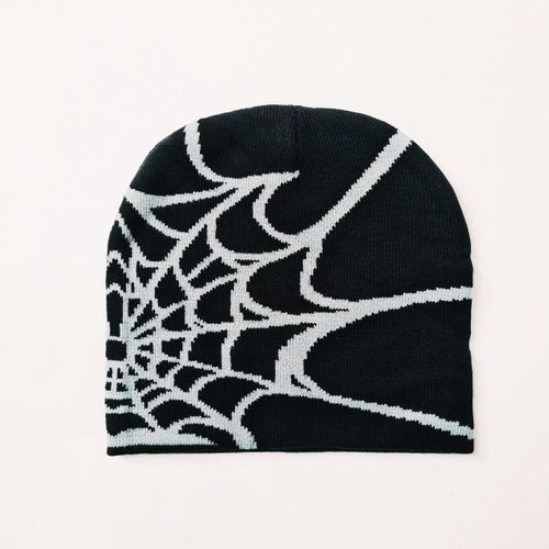 Vintage Brand New Y2K Black & Grey Spider Spiderweb Beanie