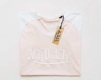 vintage womens ladies raglan white and pink Von Dutch t shirt / Von Dutch top / Von Dutch tshirt