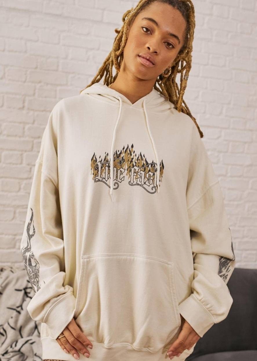 Cream Oversized Urban Outfitters Hoodie. Motorcycle Flame