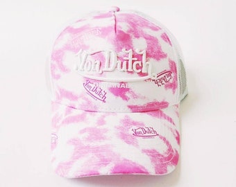 Vintage biała i różowa czapka Von Dutch / Czapka Von Dutch / Czapka Von Dutch Trucker / Kapelusz Von Dutch. Deadstock Nowy z metkami