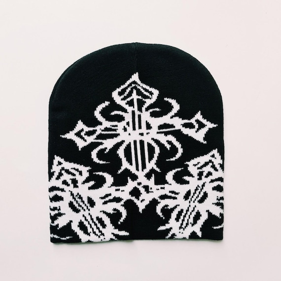 Vintage Brand New Y2K White & Black Jacquard Cross Pattern Beanie