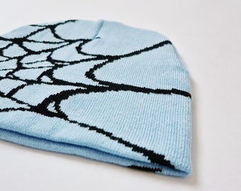 Vintage Brand New Y2K Light Blue & Black Spider Spiderweb Beanie