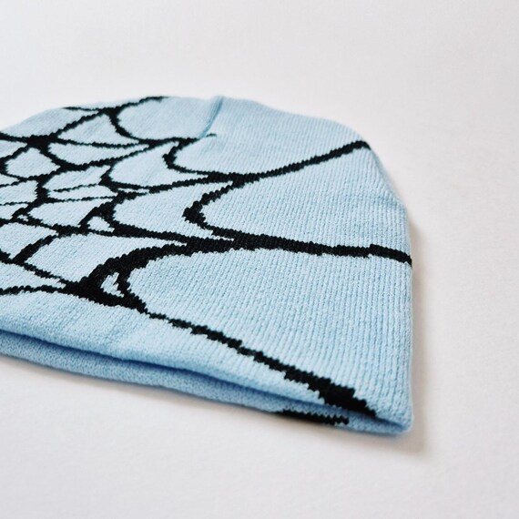 Vintage Brand New Y2K Light Blue & Black Spider Spiderweb Beanie