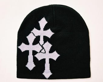 Brand New Y2K Black & Grey Crucifix Graphic Beanie Hat / Hat / Winter Hat / Skully / Unisex. Y2K hip hop punk skater skull cap