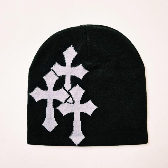 Brand New Y2K Black & Grey Crucifix Graphic Beanie Hat / Hat