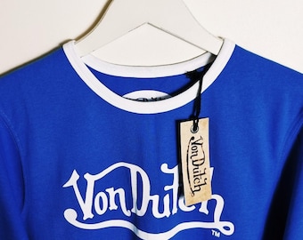 T-shirt Von Dutch da uomo nuova di marca vintage blu e bianca / T-shirt Von Dutch / Camicia Von Dutch. Camicia con logo grafico Y2K - Taglia piccola
