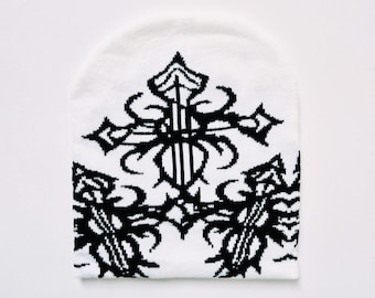 Vintage Brand New Y2K White & Black Jacquard Cross Pattern Beanie Graphic Beanie Hat / Hat / Winter Hat / Skully / Unisex. Y2K hip hop punk