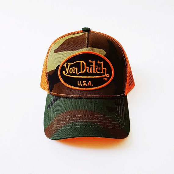 Vintage Orange And Camo Von Dutch Cap / Von Dutch Cap / Von Dutch Trucker Cap. Deadstock New With Tags